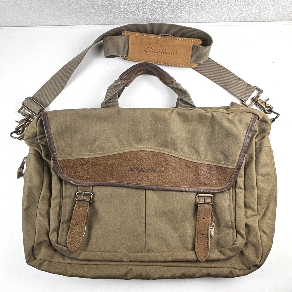 Eddie Bauer Messenger Bag Unisex Large Olive Green Canvas Leather Briefcase VTG